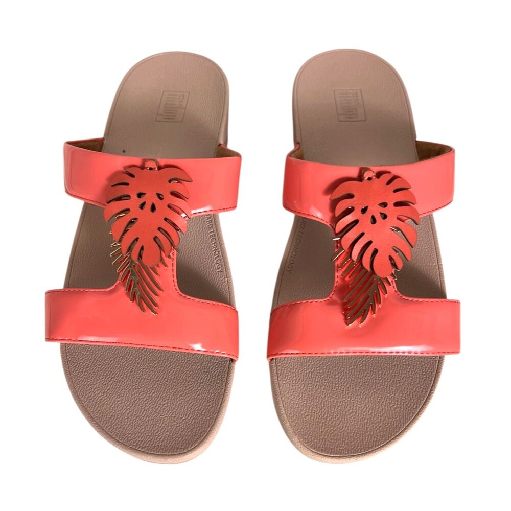 FitFlop Coral Pink Patent Lottie Jungle-Leaf Slide Sandals  Size US 10  Comfort